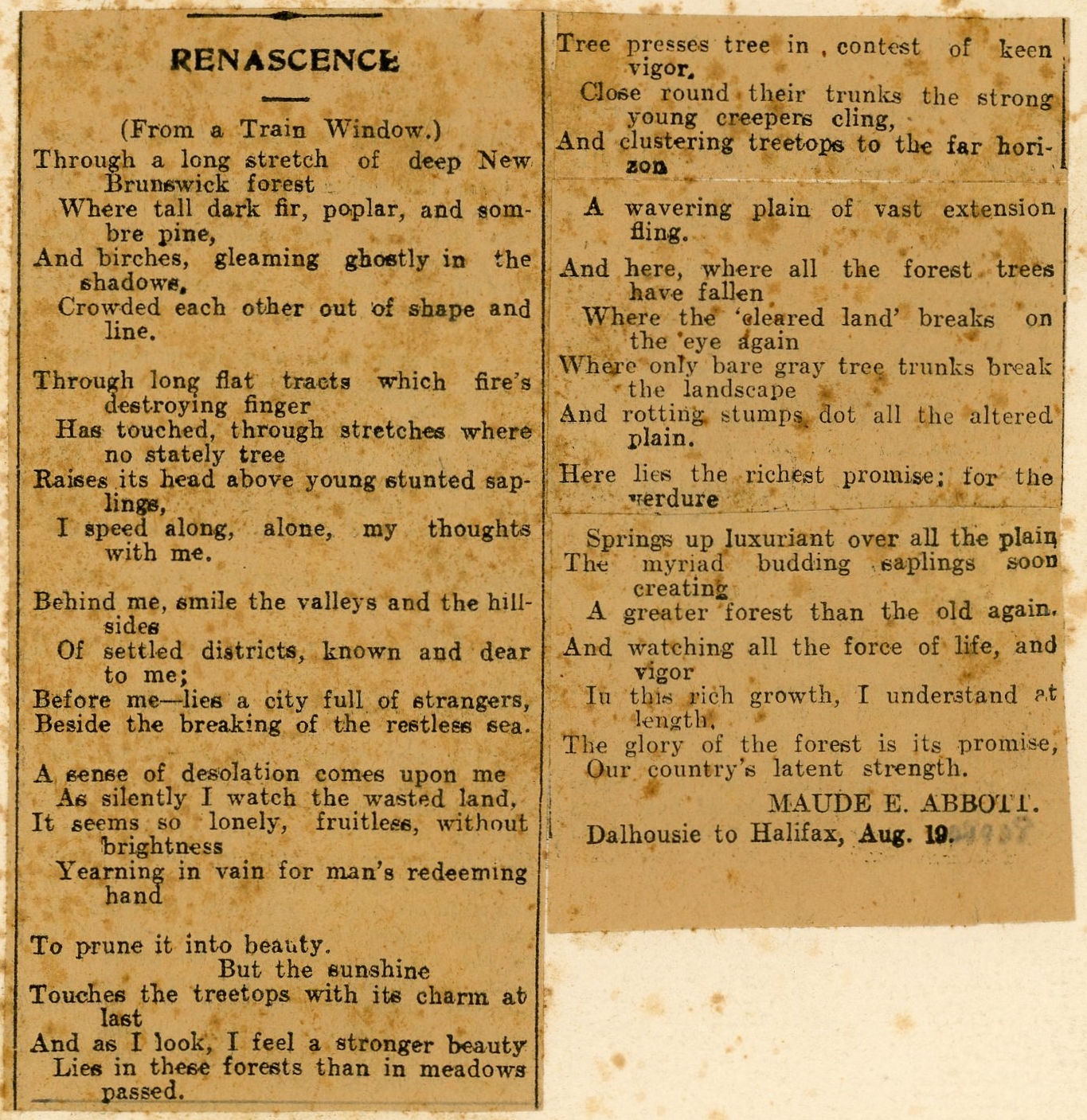 Coupure d’un poème écrit par Maude Abbott, encre noire sur papier sépia, publié dans le Women’s Edition du Montreal Daily Witness.