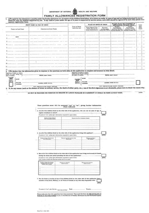 Deux illustrations de formulaires d’une demande d’allocation familiale. Le formulaire est écrit en anglais.  