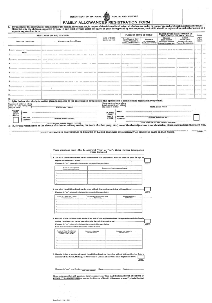 Deux illustrations de formulaires d’une demande d’allocation familiale. Le formulaire est écrit en anglais.  