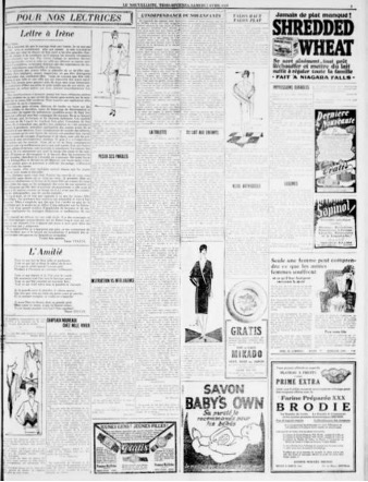 Photographie en noir et blanc de la section « page féminine » du tirage du 7 avril 1928 du journal Le Nouvelliste. Les colonnes de droite de la page sont consacrées aux publicités alors que celles de gauche sont consacrées aux articles.  