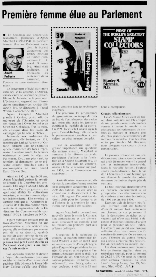 Illustration d’un article du Nouvelliste du 13 octobre 1990 dédiée à Agnes Campbell Macphail. En haut du journal, on peut lire : « Première femme élue au Parlement ».  