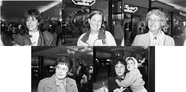 Série de photographie en noir et blanc de femmes en l’honneur du 50e anniversaire du droit de suffrage des femmes au Québec. La première rangée comporte des photographies de trois femmes. La deuxième rangée comporte la photographie d’une femme et la photographie d’une femme avec un jeune enfant dans ses bras.  