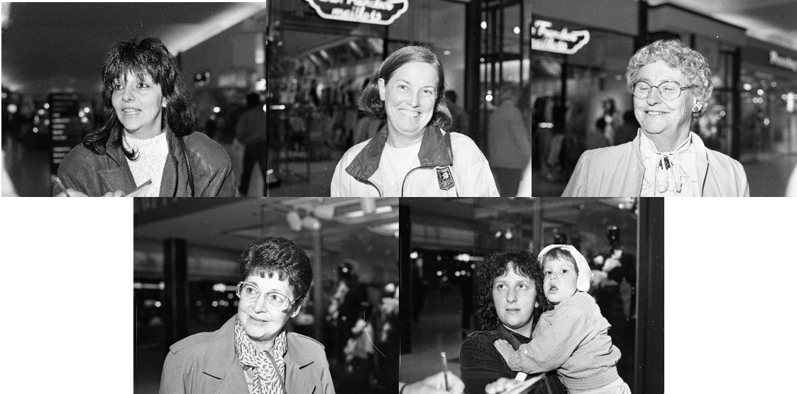 Série de photographie en noir et blanc de femmes en l’honneur du 50e anniversaire du droit de suffrage des femmes au Québec. La première rangée comporte des photographies de trois femmes. La deuxième rangée comporte la photographie d’une femme et la photographie d’une femme avec un jeune enfant dans ses bras.  