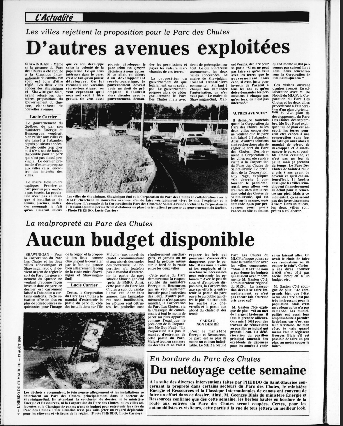 Illustration de la page 4 de l’édition du journal L’Hebdo du St-Maurice du 13 août 1990 comportant un total de deux articles écrits par Lucie Carrier reliés au Parc des Chutes à Shawinigan.  