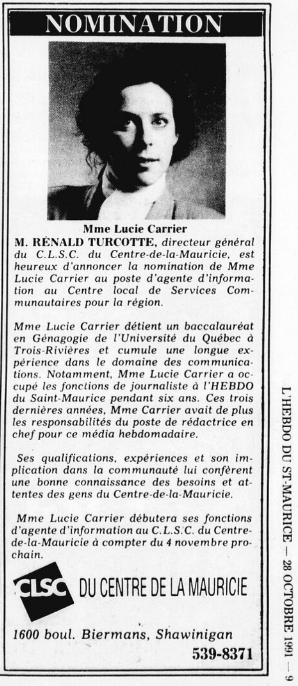 Illustration d’un article de l’édition journal L’Hebdo du St-Maurice du 28 octobre 1991 annonçant le départ de Lucie Carrier et sa nomination à un nouveau poste.  