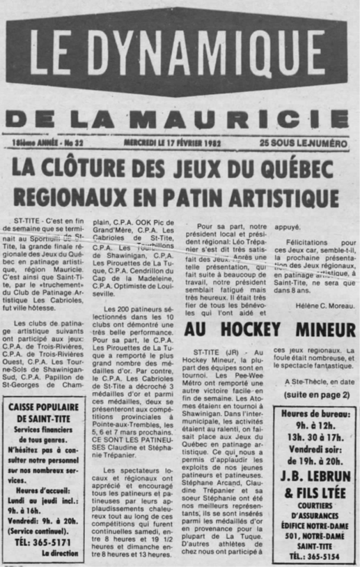 Une coupure de presse du journal Le Dynamique, un journal local de Saint-Tite. L’article présenté a été écrit par une femme, Hélène C. Moreau.