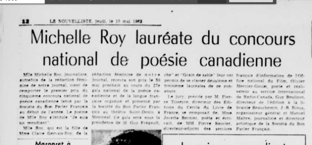 Photographie en noir et blanc d’un article du Nouvelliste du 10 mai 1962. Au haut de l’illustration on peut lire : « Michelle Roy, lauréate d’un concours national de poésie canadienne ». 