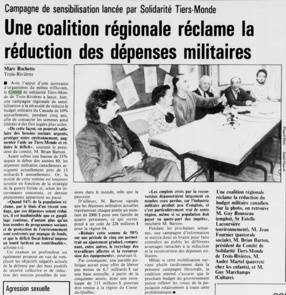Une coupure de presse du journal Le Nouvelliste présentant un article signé par Marc Rochette parlant du Comité de solidarité Tiers-Monde de Trois-Rivières (CS3R).