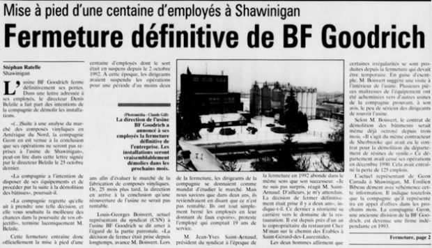 Coupure de presse du journal Le Nouvelliste présentant un article signé par Stéphan Ratelle qui annonce la fermeture définitive de BF Goodrich à Shawinigan.