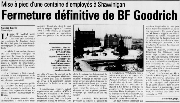 Clipping from Le Nouvelliste with an article by Stéphan Ratelle on the permanent shutdown of the BF Goodrich plant in Shawinigan.