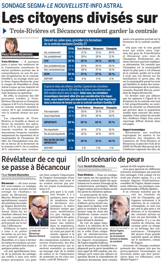 Illustration des pages 2 et 3 de l’édition du journal Le Nouvelliste du 11 avril 2011 comportant un total de dix articles. En haut des pages on peut lire : « Les citoyens divisés sur l’avenir de Gentilly-2 ».