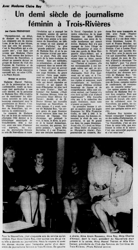 Une coupure de presse du journal Le Nouvelliste présentant une conférence de Claire Roy au sujet des femmes dans la presse écrite.