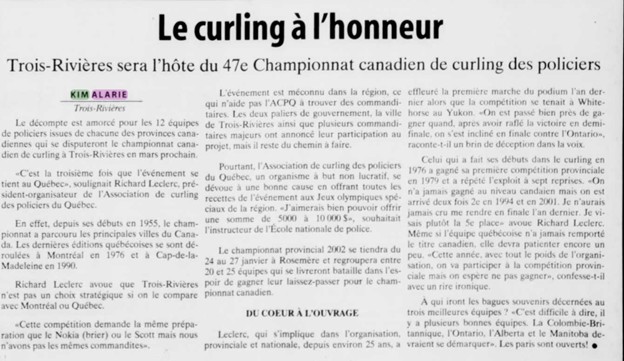 Article from Le Nouvelliste, titled “Curling Takes Centre Stage: Trois-Rivières to Host the 47th Annual Canadian Police Curling Championship.”