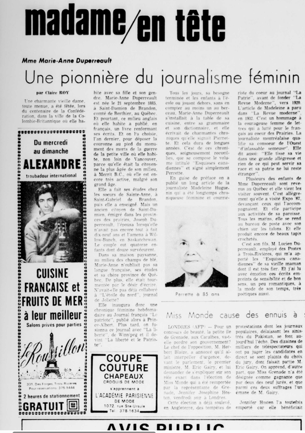 Une coupure de presse du journal Le Nouvelliste présentant un article de Claire Roy qui parle de Marie-Anne Duperreault, une pionnière du journalisme féminin. Il y a une photo de madame Duperreault dans l’article.