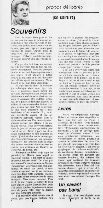 Une coupure de presse du journal Le Nouvelliste présentant un article de Claire Roy qui annonce son départ du Nouvelliste et du monde journalistique pour se consacrer à sa vie personnelle et à son combat contre la maladie. 