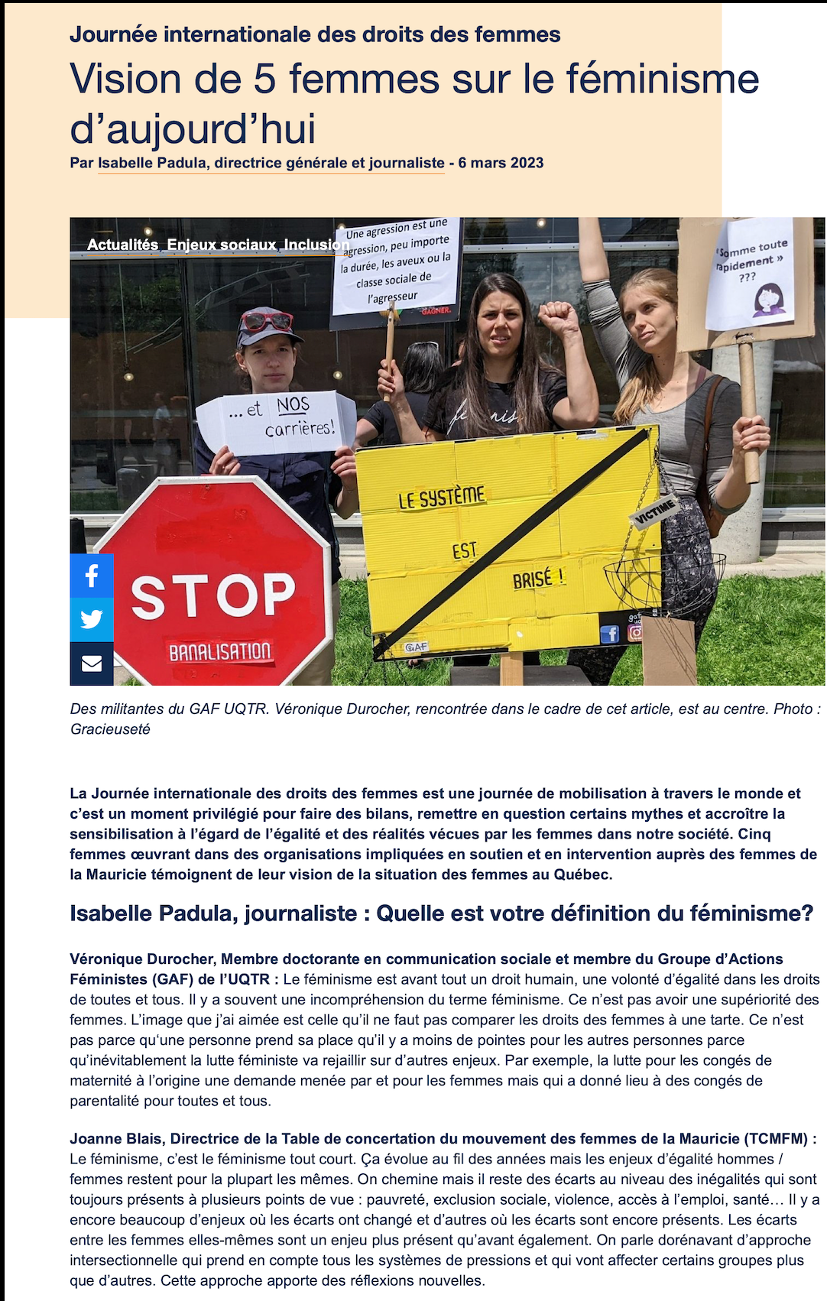 Illustration d’un article du journal La Gazette intitulé : « Vision de 5 femmes sur le féminisme d’aujourd’hui » et sur lequel figure une photographie de trois manifestantes brandissant des pancartes.  