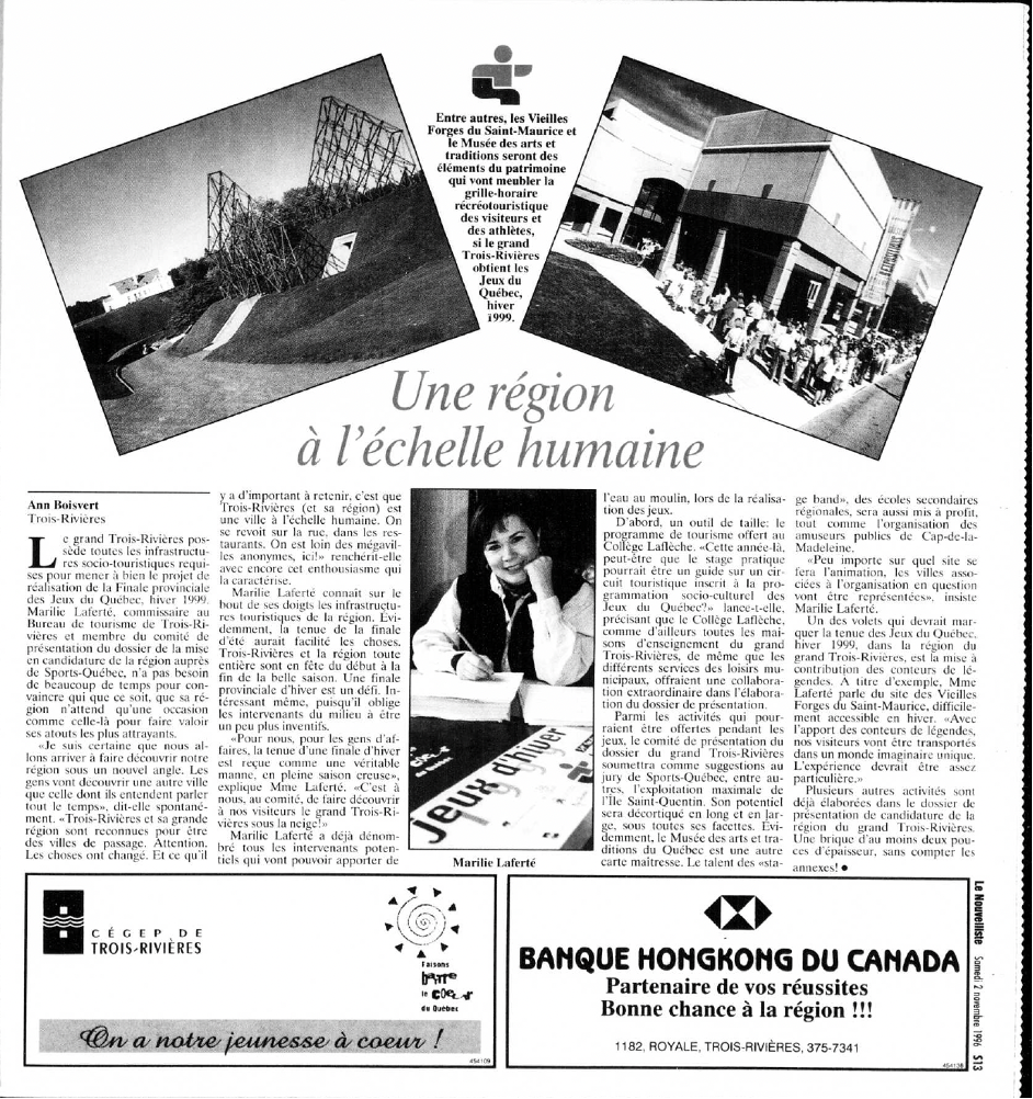 Une coupure de presse du journal Le Nouvelliste présentant un article sur les Jeux du Québec écrit par Ann Robert.