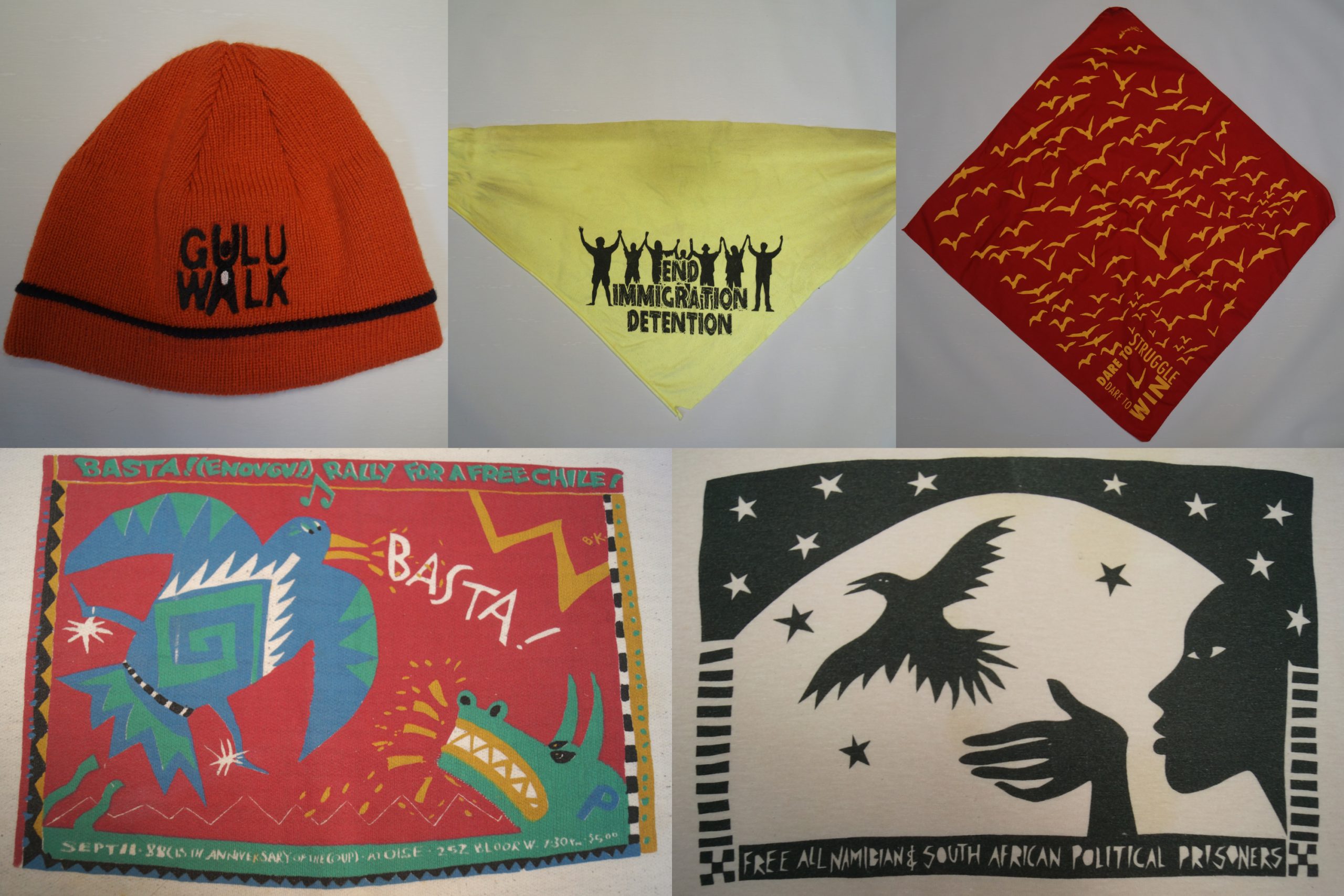 Un collage composé de vêtements sur lesquels nous pouvons voir divers messages militants.