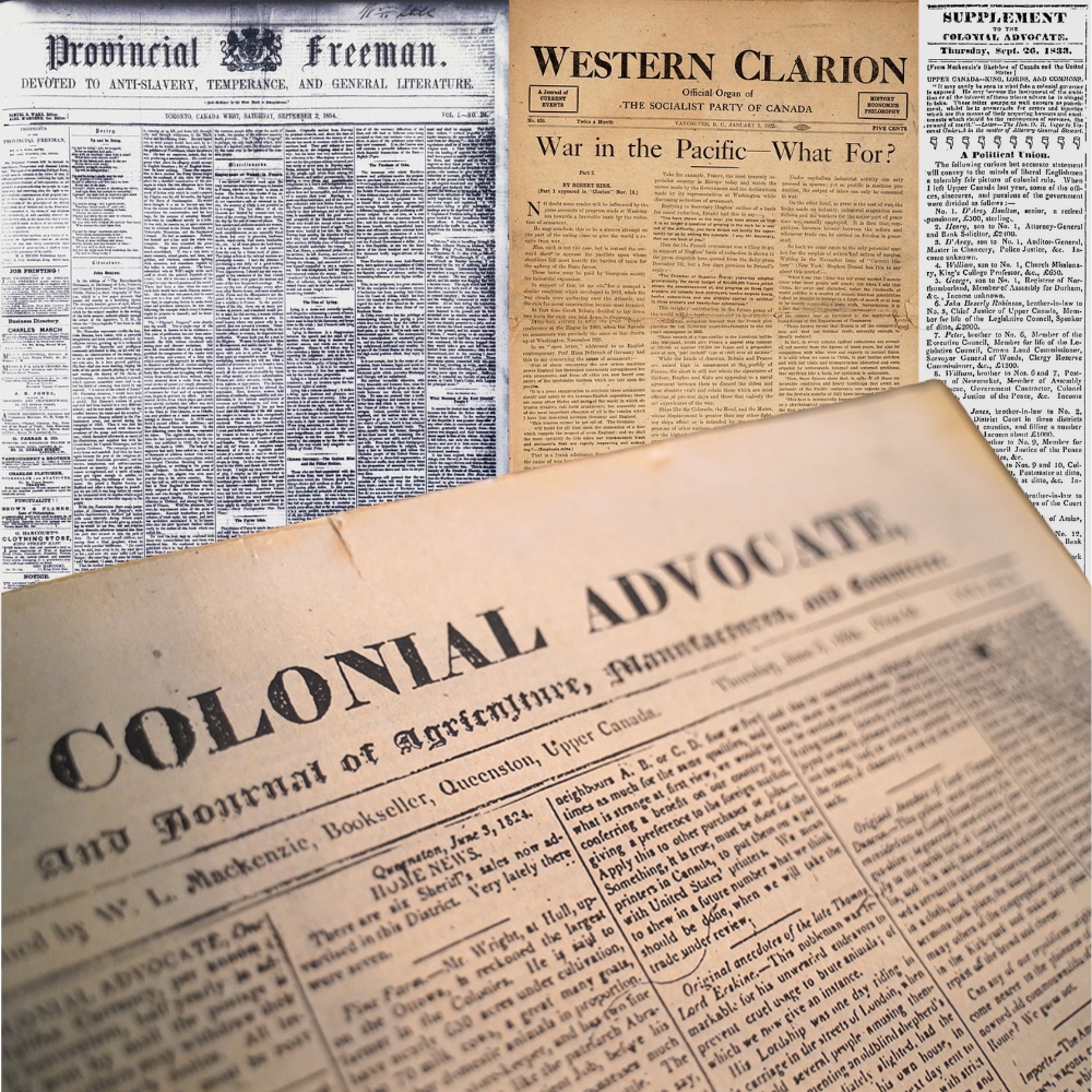 Collage de quatre unes de journaux radicaux qui se chevauchent : le Western Clarion, le Provincial Freeman et deux pages du Colonial Advocate.