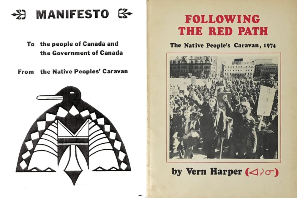À gauche, la couverture du Manifeste de la Caravane des peuples autochtones, adressé au peuple canadien et au gouvernement du Canada. À droite, la couverture du livre de Vern Harper, Following the Red Path: The Native People's Caravan, 1974.