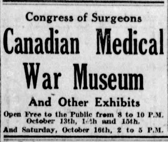Coupure de journal anglophone en noir et blanc annonçant les heures d'ouverture du Canadian Medical War Museum.