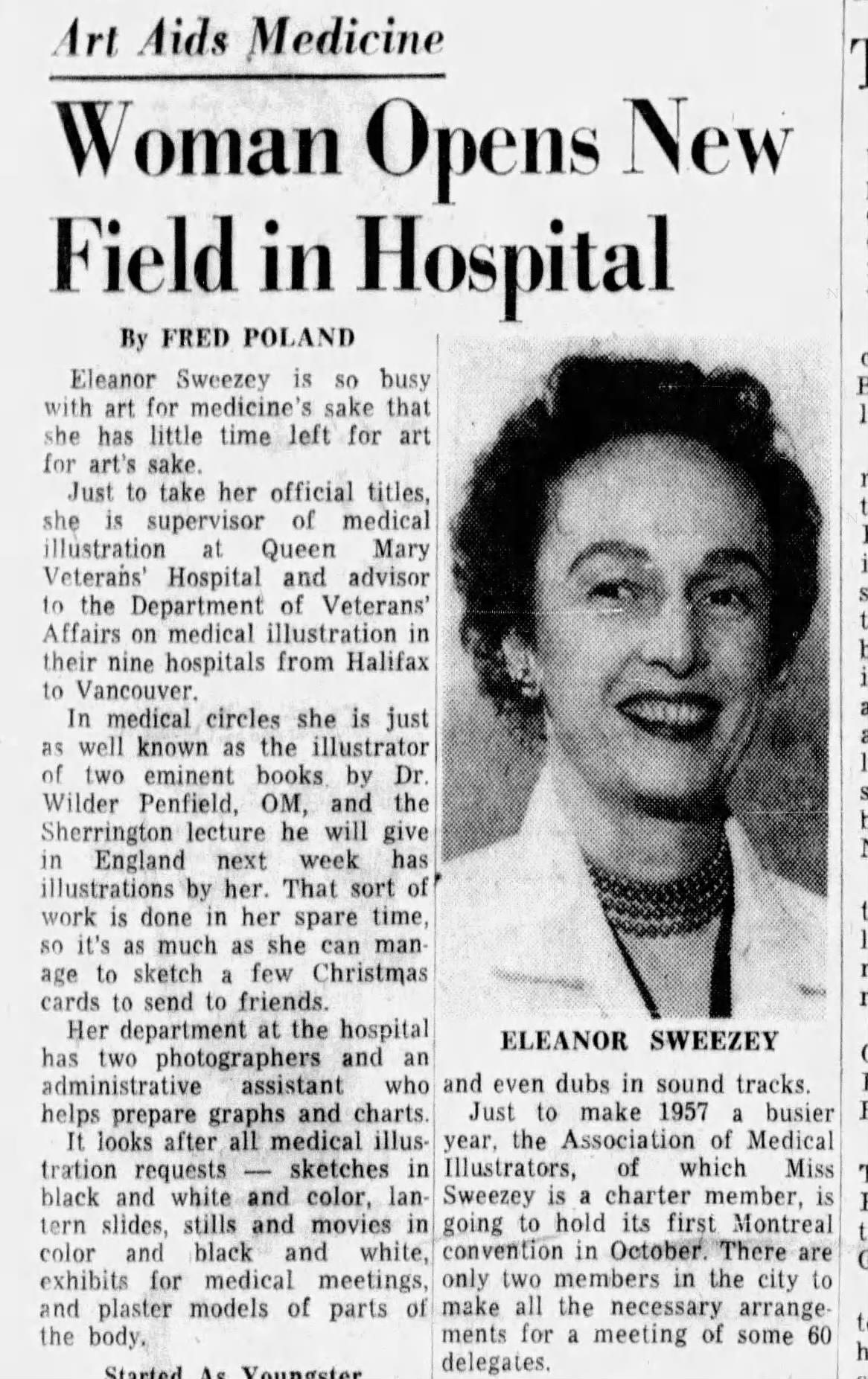 Article de journal anglophone en noir et blanc titré « L'art au service de la médecine : une femme inaugure un nouveau champ d'activité à l'hôpital », accompagné d'un portrait d'Eleanor Sweezey en blouse blanche. 