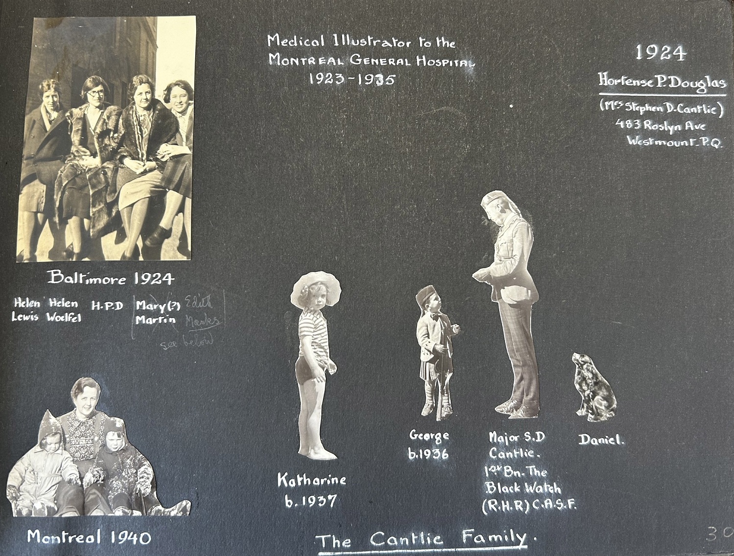 Page d'album photo noire contenant des notes manuscrites à l'encre blanche et des images noir et blanc ou sépia présentant des enfants, des étudiants, des animaux et des familles. 