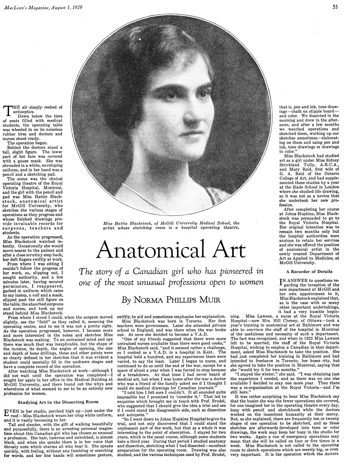 Article de magazine en noir et blanc présentant le portrait circulaire d'une femme, centré en haut de la page. 
