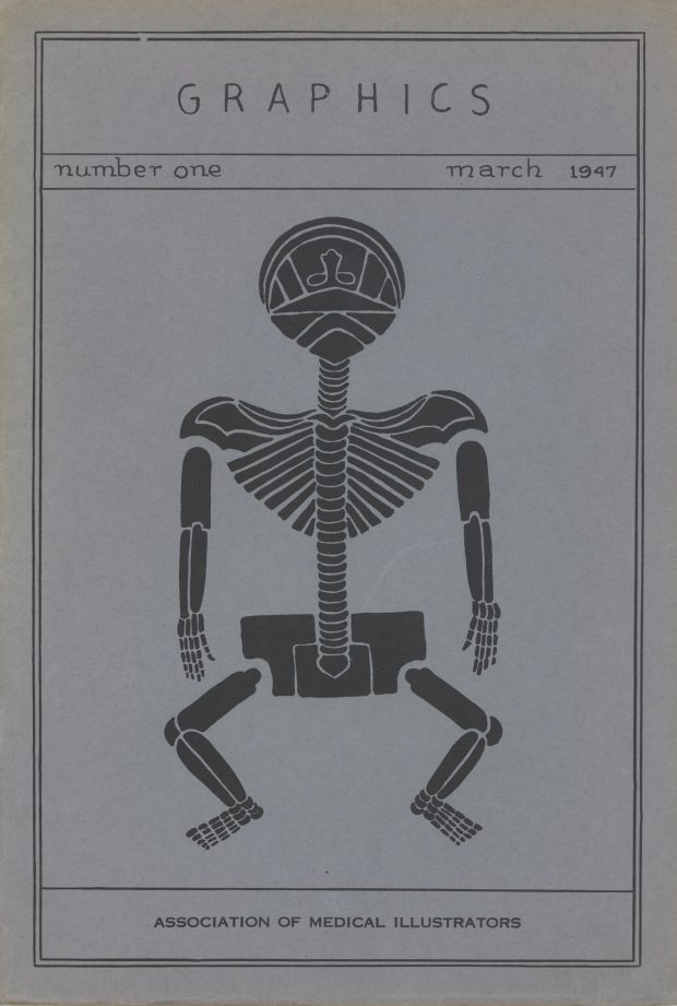Couverture d'une revue en couleurs intitulée Graphics, 1949, Association of Medical Illustrators. Au centre, l'illustration d'un squelette.