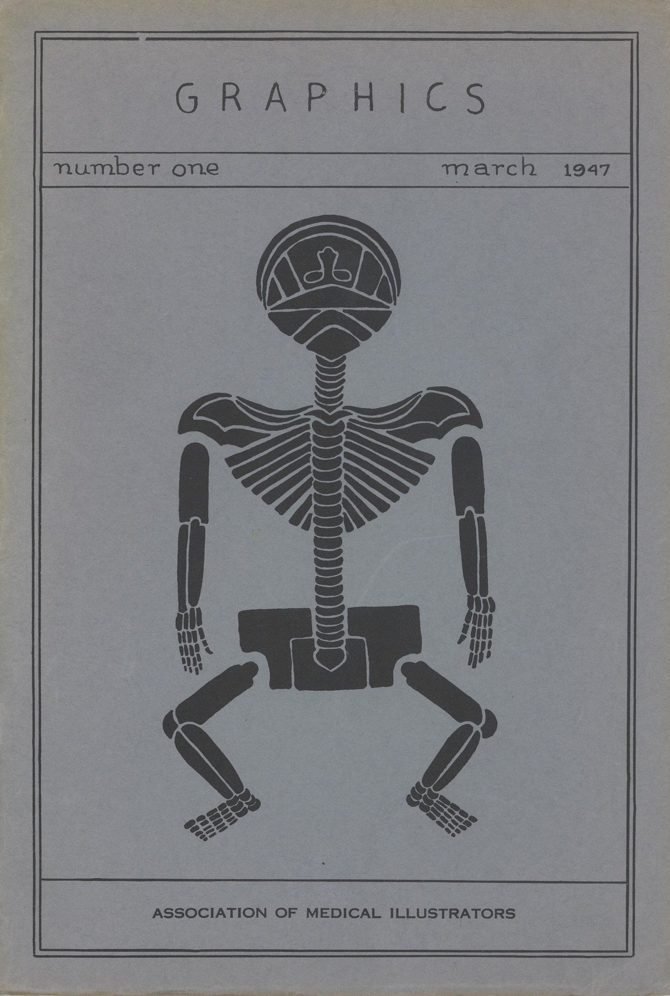 Couverture d'une revue en couleurs intitulée Graphics, 1949, Association of Medical Illustrators. Au centre, l'illustration d'un squelette. 