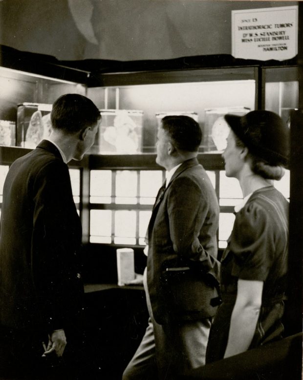 Photo en noir et blanc de trois personnes observant des échantillons médicaux dans des bocaux sur une étagère.