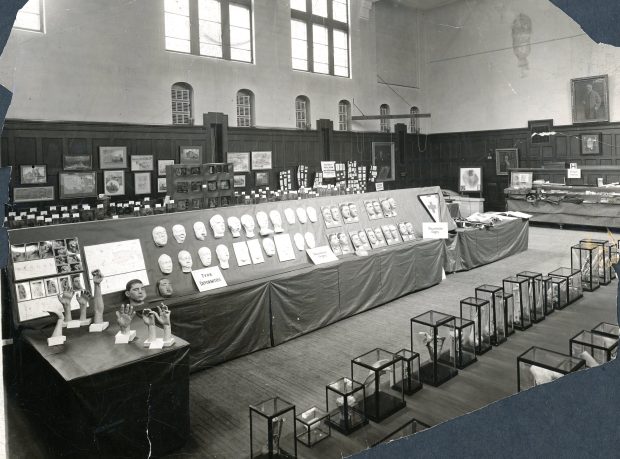 Photographie en noir et blanc d'une exposition présentant des modèles médicaux en cire, des spécimens sous verre et des illustrations.