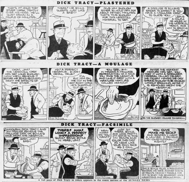 Bande dessinée anglophone en noir et blanc titrée « Dick Tracy : Plâtré, un moulage, fac-similé », composée de 12 cases où deux hommes moulent le visage d'un troisième homme.