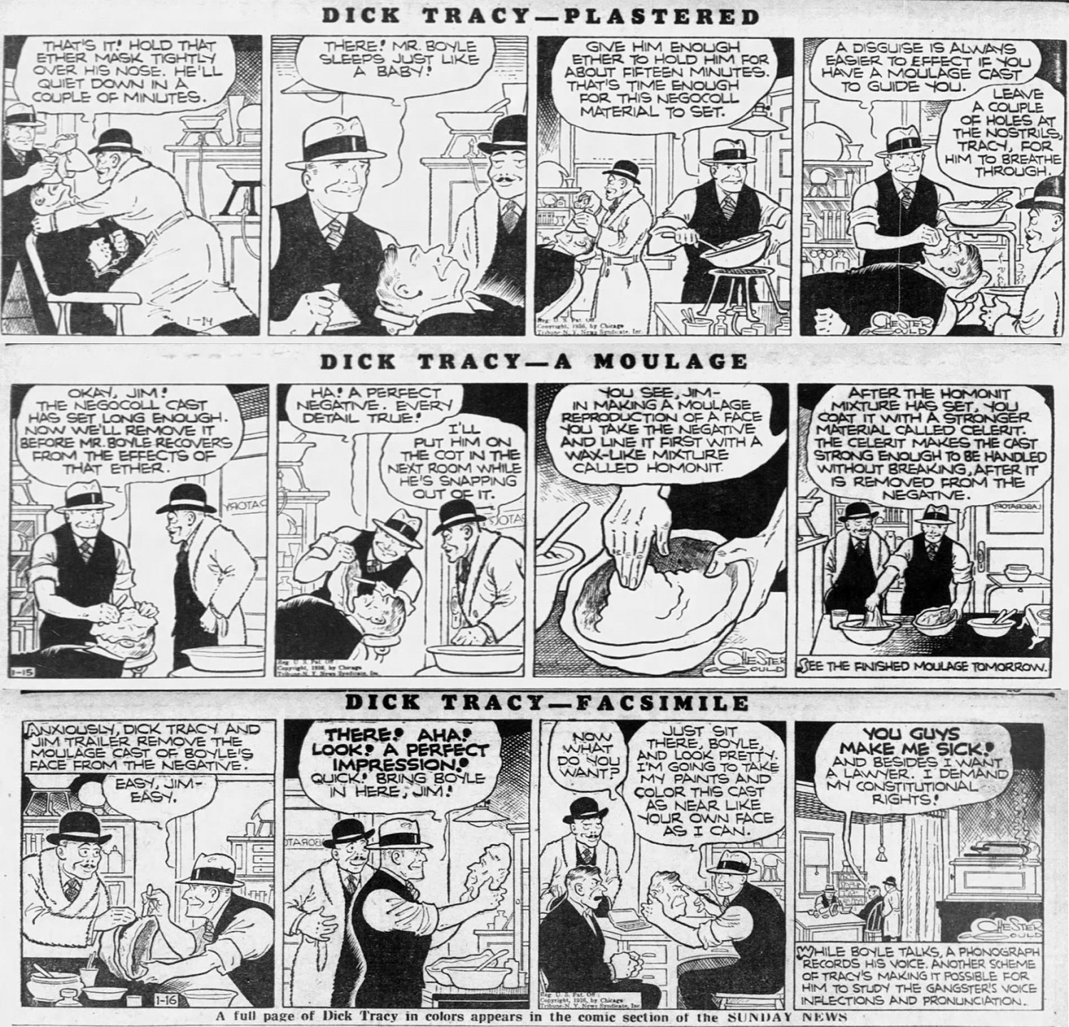 Bande dessinée anglophone en noir et blanc titrée « Dick Tracy : Plâtré, un moulage, fac-similé », composée de 12 cases où deux hommes moulent le visage d'un troisième homme. 