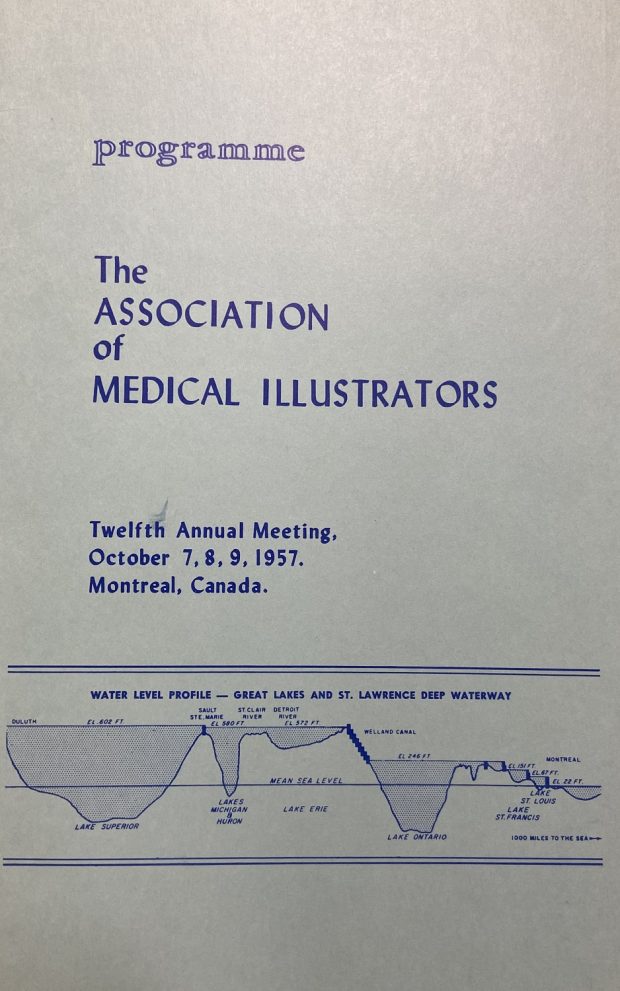 Couverture d'un programme en couleur intitulé « Programme », Association of Medical Illustrators, douzième réunion annuelle, 7, 8 et 9 octobre 1957, Montréal, Canada. En bas de page, un diagramme des Grands Lacs.
