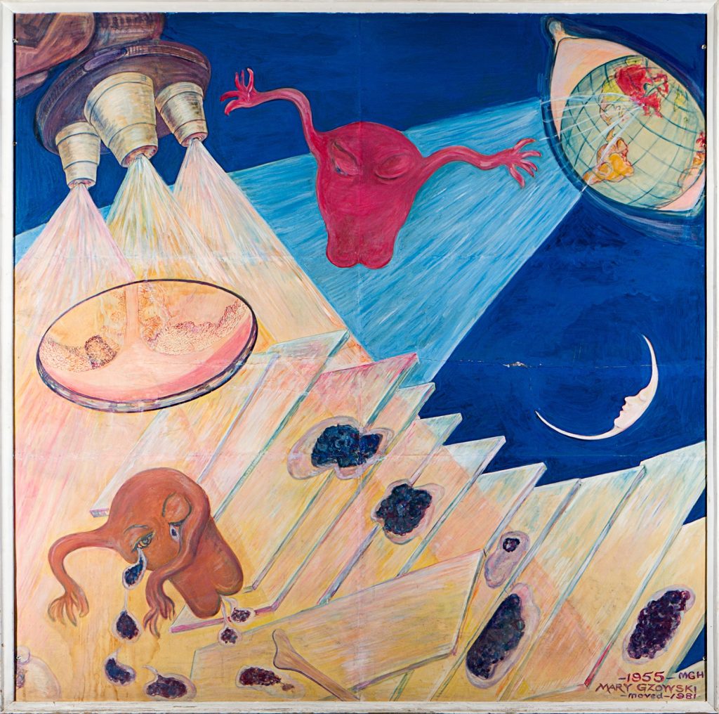 Murale colorée représentant deux utérus volant dans l'espace, observés au microscope. L'un est rose et en santé, tandis que l'autre, décoloré, verse des larmes noires sur des lames de microscope. Le tout est surplombé par un œil géant dont la pupille est la Terre, des rayons émanant de la ville de Montréal.
