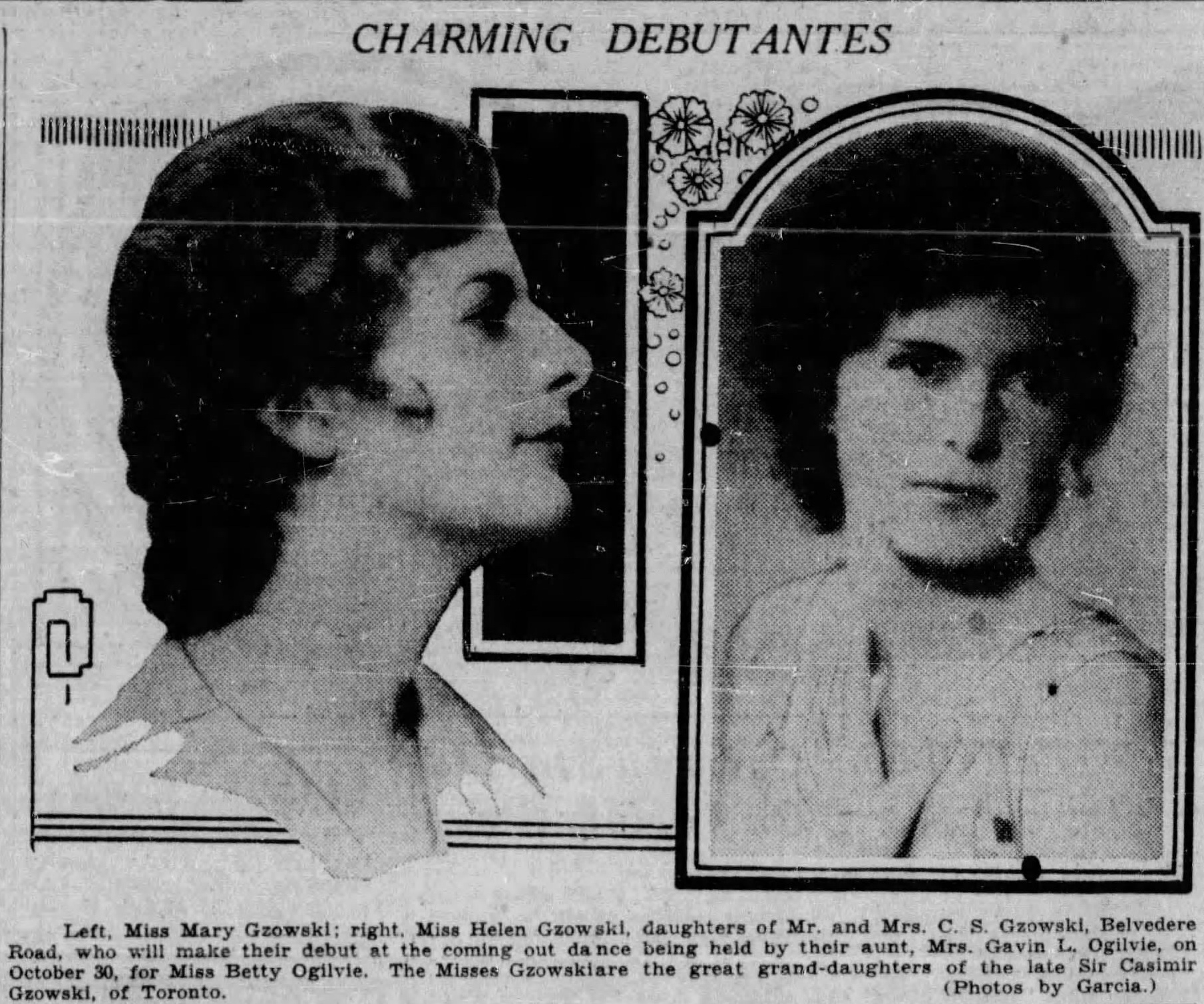 Coupure de journal en noir et blanc annonçant deux débutantes. Un portrait de chacune est imprimé côte à côte, accompagné d'un texte au-dessus et en dessous. 