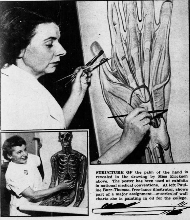 Photo en noir et blanc d'une femme en train d'illustrer une main, avec un encart montrant Pauline Larivière expliquant l'illustration d'un squelette. 