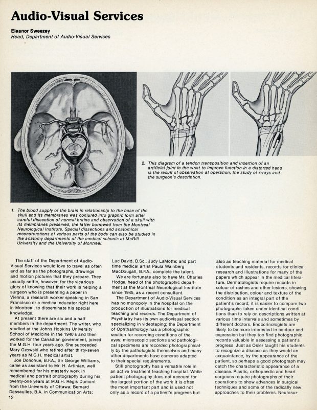 Page en noir et blanc tirée d'un bulletin d'information intitulé « Services audiovisuels d'Eleanor Sweeze », comprenant des illustrations de la base du crâne et des os de la main. 