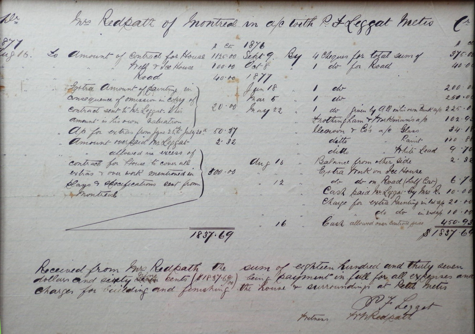 Facture manuscrite adressée à Mme Redpath de Montréal par M. Peter Leggat de Metis, détaillant le coût des matériaux utilisés pour la construction de la résidence Redpath à Metis.