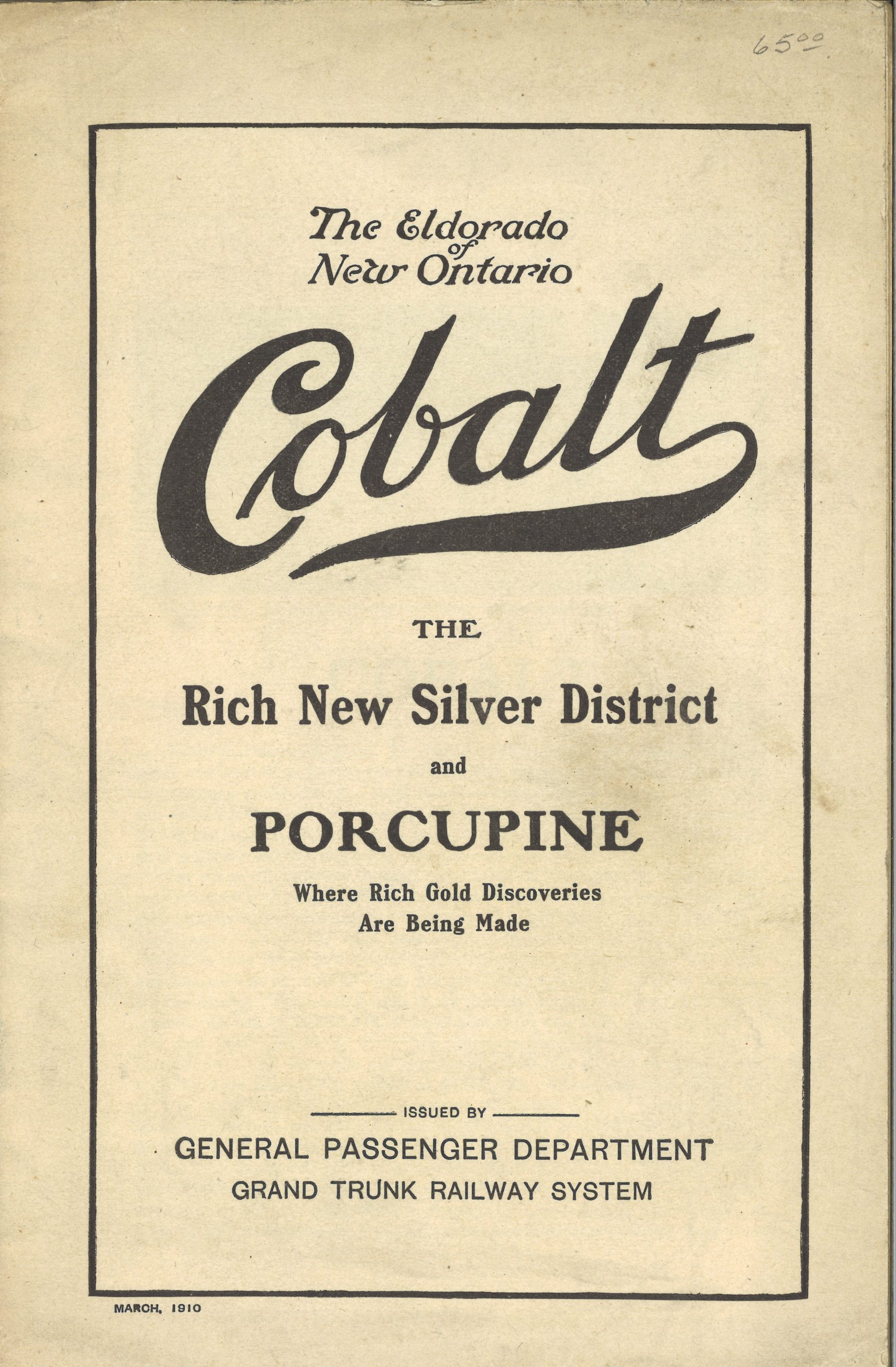 Pamphlet avec des lettres noires sur fond blanc, intitulé Cobalt : L’Eldorado du Nouvel-Ontario.
