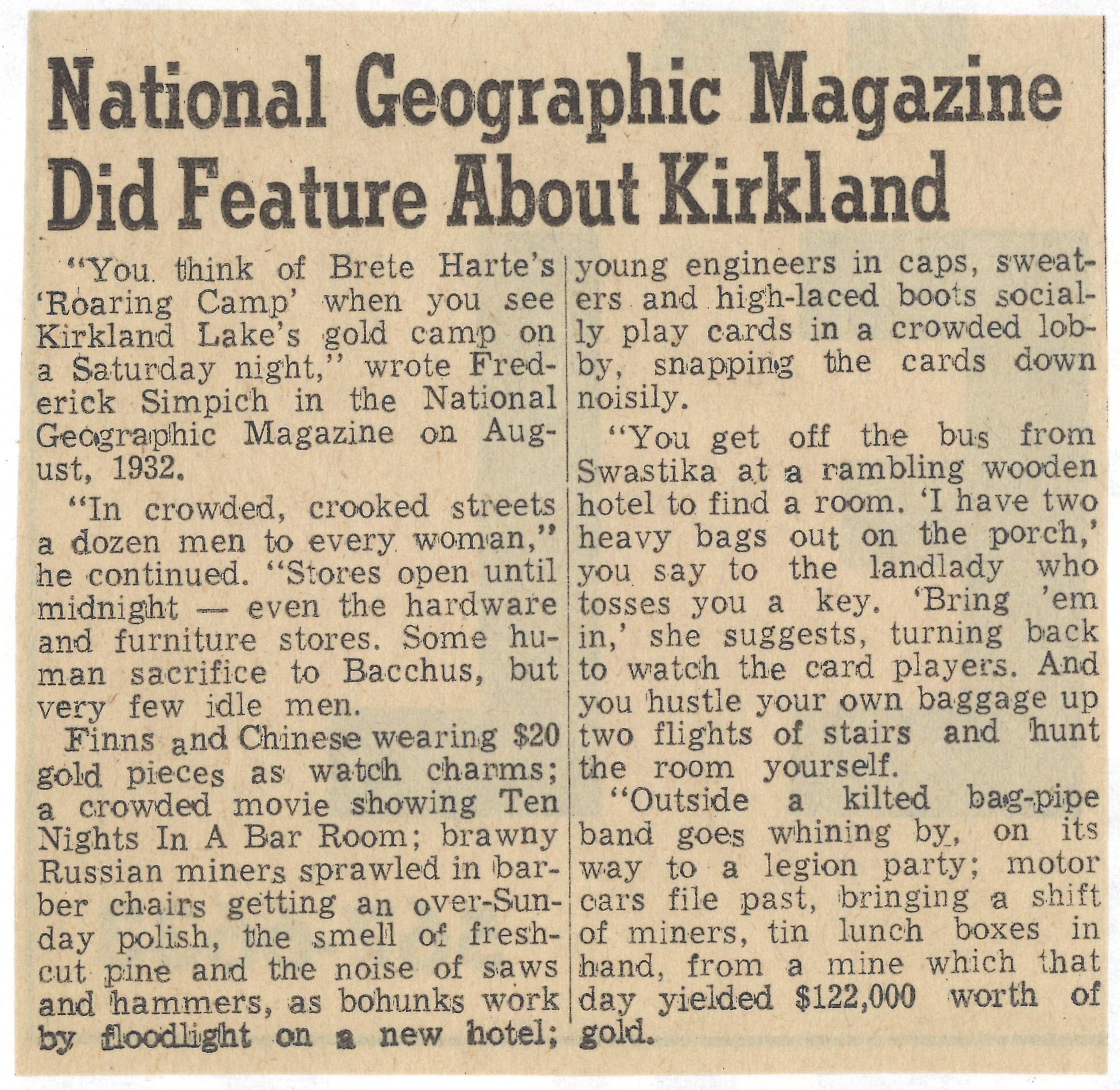 Image d’une coupure de presse sur le boom de l’exploitation aurifère à Kirkland Lake, datant de 1932.