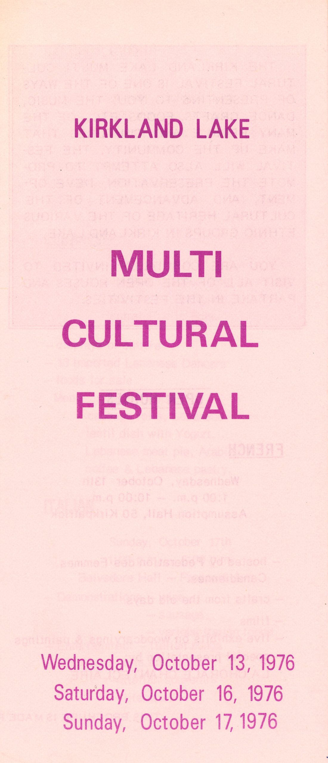 Pamphlet rose du festival multiculturel de Kirkland Lake de 1976.