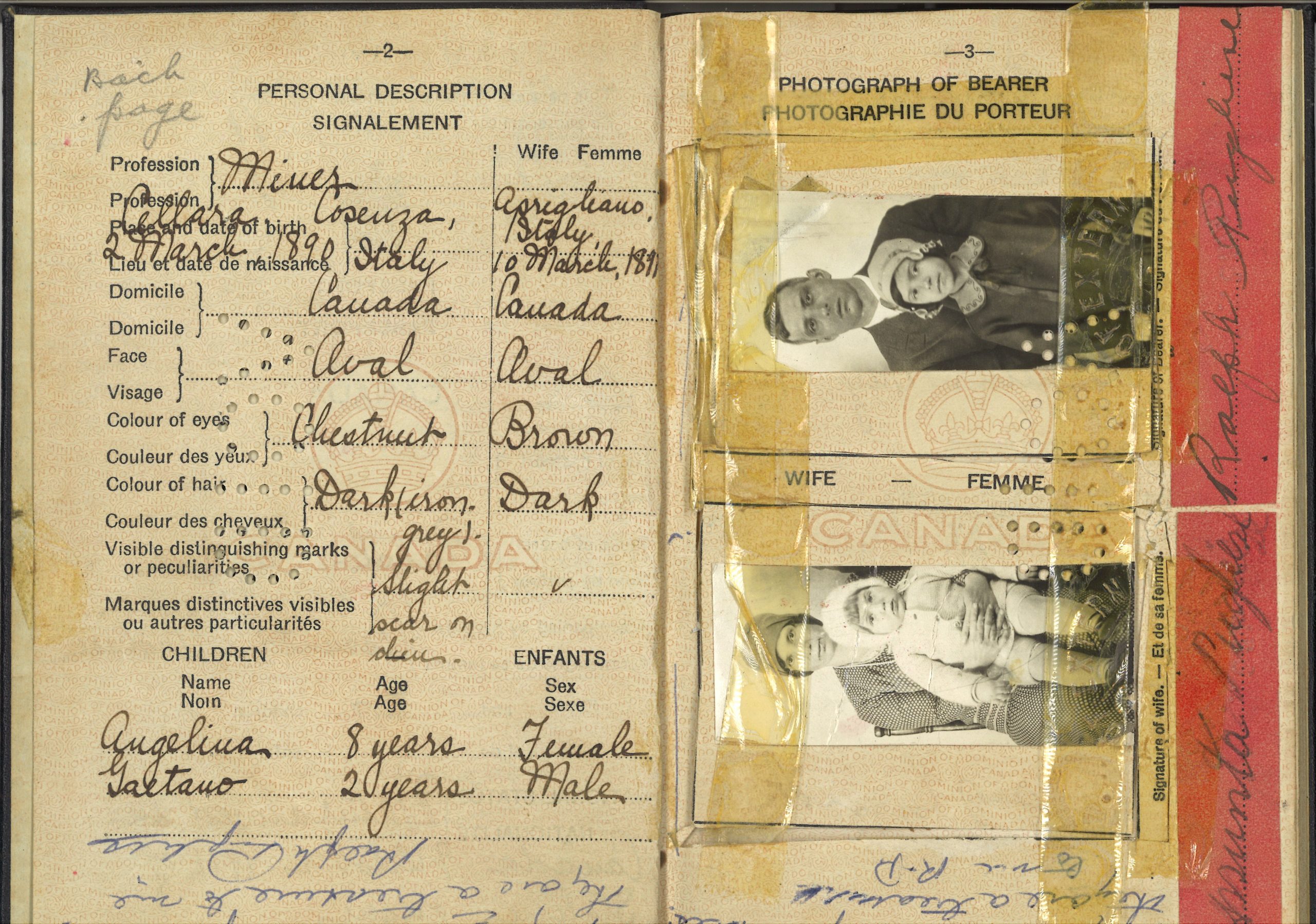 Image numérisée en couleur de l’intérieur du passeport canadien de Ralph Pugliese, daté du 30 mai 1930. Description textuelle de Ralph Pugliese, de sa femme et de ses deux enfants. Deux photos se trouvent sur le côté droit du passeport, l’une de Ralph et de sa fille, l’autre de sa femme et de leur fils.