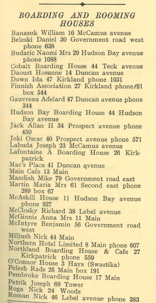 Page numérisée d’un annuaire téléphonique. Elle dresse la liste des nombreuses pensions de famille et maisons de chambres de Kirkland Lake.