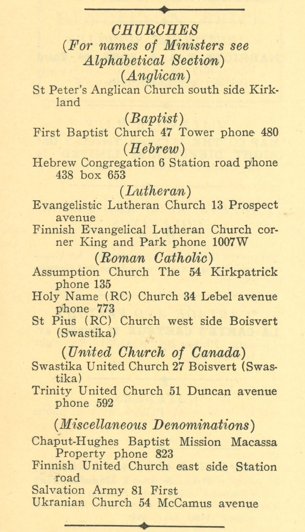 Page numérisée d’un annuaire téléphonique. Y sont répertoriés les 14 lieux de culte de Kirkland Lake.