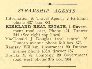 Scanned page from a phone directory. It lists the five steamship agents of Kirkland Lake.