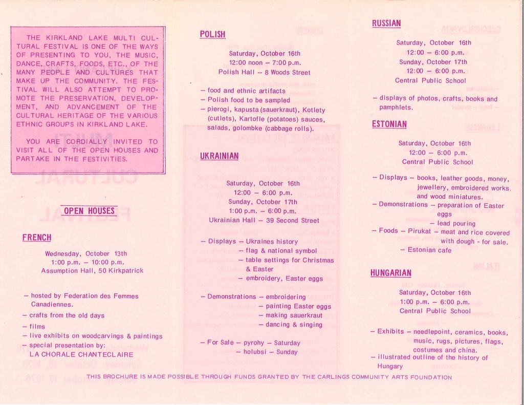 Pamphlet rose du festival multiculturel de Kirkland Lake de 1976.