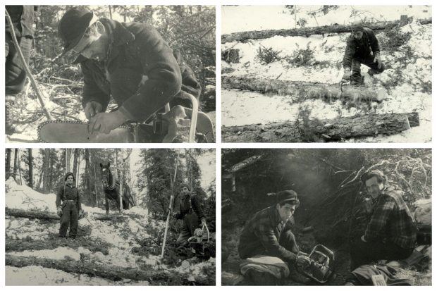 Collage de quatre photographies en noir et blanc. Les images représentent des hommes travaillant avec des tronçonneuses et du matériel dans une forêt.