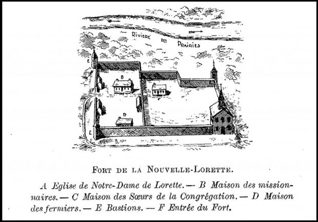 Illustration de la mission du Sault-au-Récollet telle que la concevait le curé Beaubien en 1898. En haut, la rivière des Prairies, au milieu, le fort entouré de palissades. Le texte en bas situe l’entrée du fort et les bâtiments : l’église, les maisons des sœurs, des missionnaires et des fermiers ainsi que les bastions. 